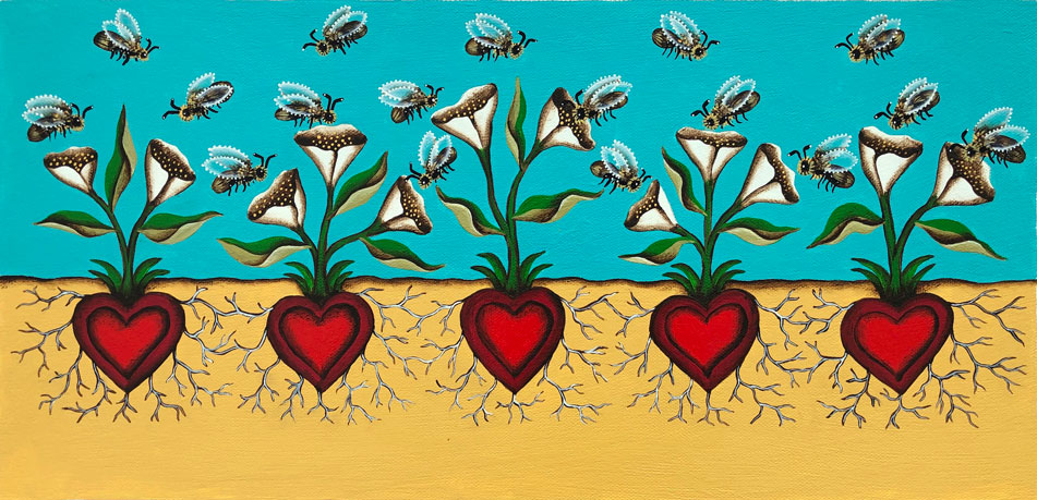 Painting of heart-shaped vegetables in the ground. Above ground, flowers are sprouting from the vegetables and bees are flying near the flowers.