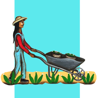 A farmer moving a wheelbarrow full of produce.