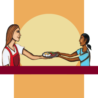 One woman in an apron passes a plate of food to another woman.