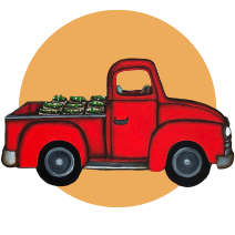 A red pickup truck full of fresh produce.