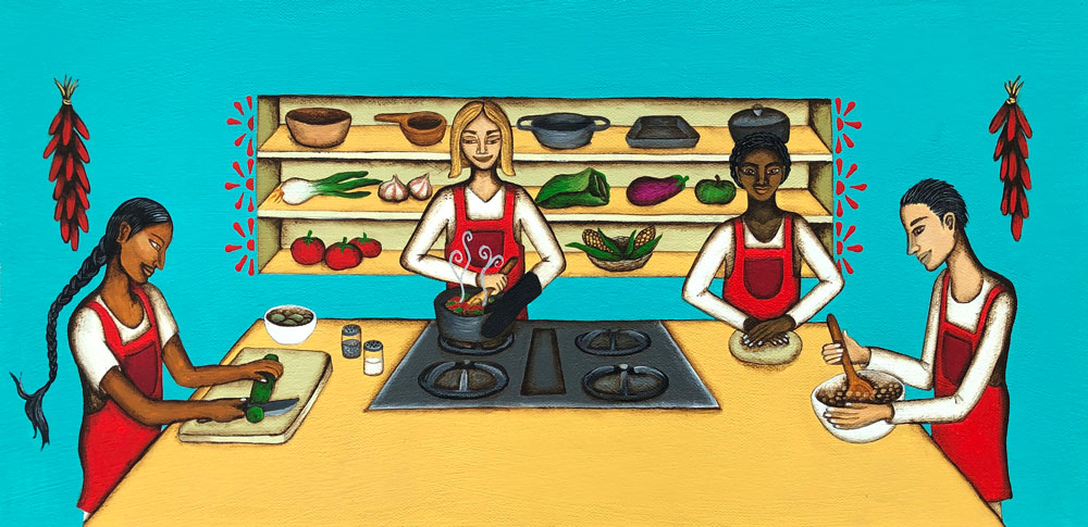 Painting of four people cooking in a kitchen. One person is chopping, the next is stirring a pot on the stove, the third is kneading dough, and the last is mixing food in a bowl.