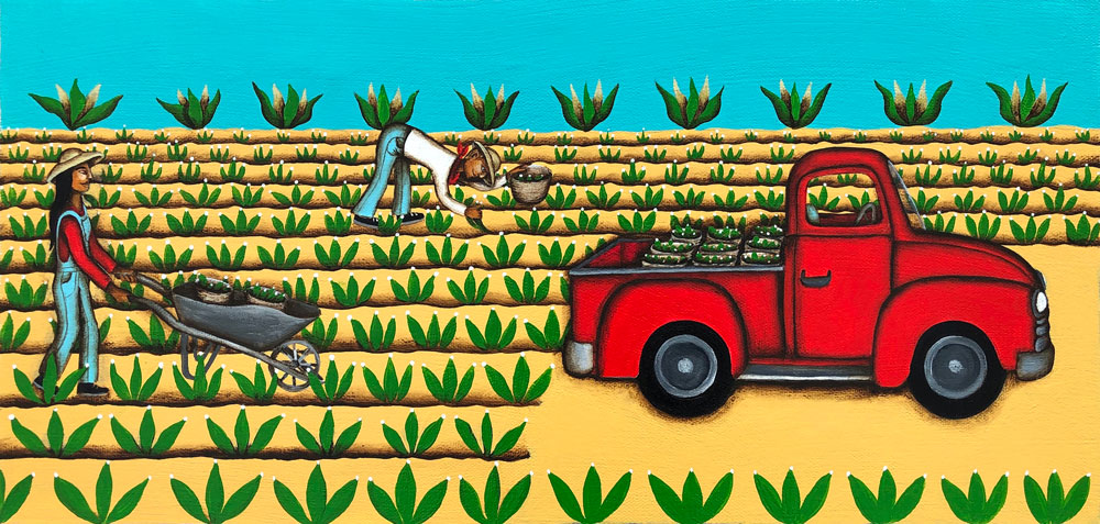Painting of farmers harvesting crops. One farmer is picking the vegetables from the ground and a second farmer is walking a full wheelbarrow to a red pickup truck.