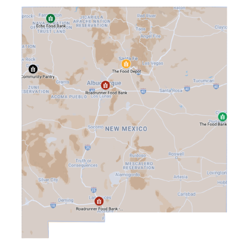Map of New Mexico with food banks plotted on it. If you need assistance with this map, please email nmgrowncoalition@gmail.com.